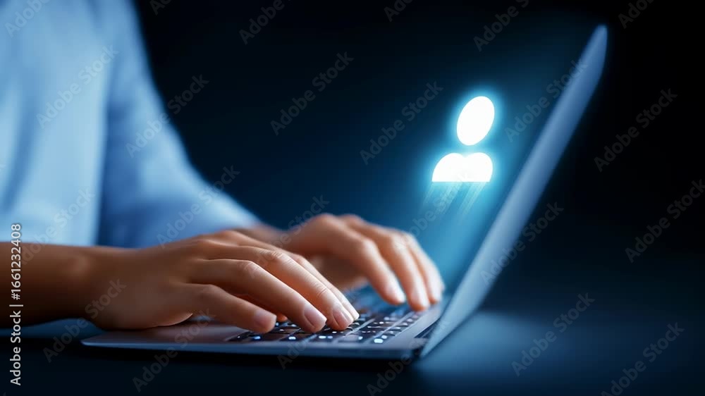 Poster hands are typing on laptop creating a digital user group icon. dark environment emphasizes technolog