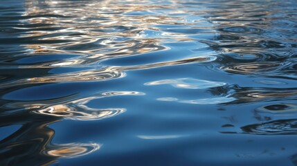 Deep blue water surface showing gentle ripples and dancing light reflections. Golden and white hues shimmer on the flowing liquid texture, creating a calm abstract background.