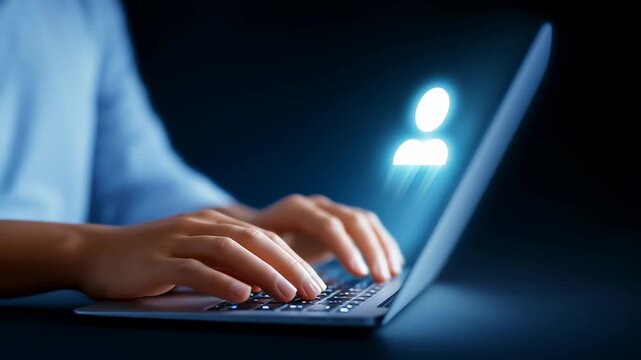Hands are typing on laptop creating a digital user group icon. Dark environment emphasizes technology use and interaction. Concept of digital marketing, tech solutions, online connection
