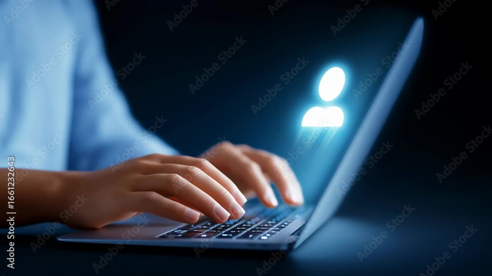 Poster hands typing on laptop creating digital user group icon. setting evokes technology use in modern wor