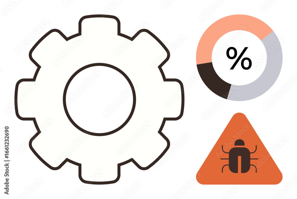 Aufkleber gearwheel symbol for operations, pie chart for analytics, triangle with bug for technical issues. id