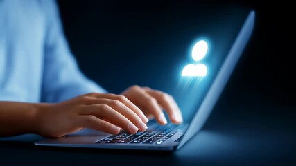 Hands typing on laptop creating digital user group icon. Setting evokes technology use in modern workspace, illuminated against dark background - Powered by Adobe