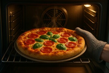 A hand in a protective oven mitt pulling a hot pepperoni pizza from a modern oven. Warm light enhances the crust, cheese, and basil garnish.	
