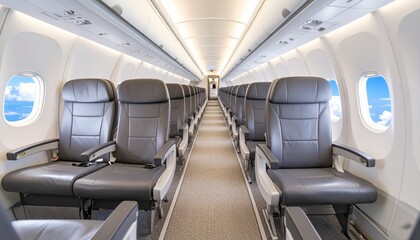 Inside the empty cabin of a train or airplane, the rows of seats are ready for passenger travel