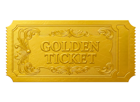 Golden ticket isolated on transparent background