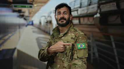 Fototapeta premium Man in military uniform with brazilian flag patch on shoulder stands on cruise ship deck pointing at flag confidently under bright lighting.