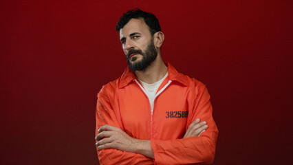 Hispanic man with a beard wearing an orange prison jumpsuit stands against a bold red background,...