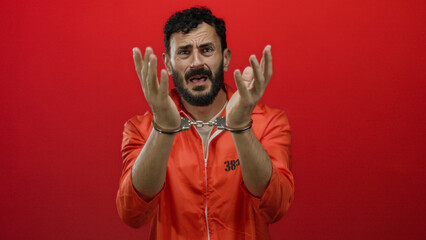 Hispanic man with a beard in an orange prison jumpsuit, wearing handcuffs, stands against a vivid...
