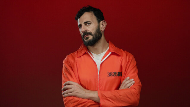 Hispanic man with a beard wearing an orange prison jumpsuit stands against a bold red background, exuding a serious demeanor.