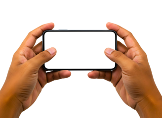 Hands holding a smartphone in landscape mode with a blank screen isolated on transparent background