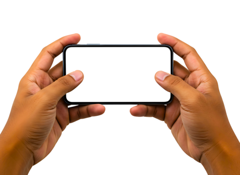 Hands holding a smartphone in landscape mode with a blank screen isolated on transparent background