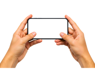Hands holding a smartphone in landscape mode with a blank screen isolated on transparent background