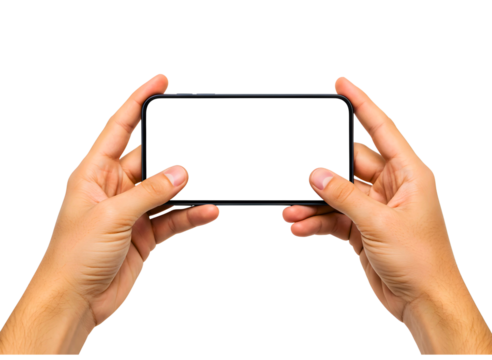 Hands holding a smartphone in landscape mode with a blank screen isolated on transparent background
