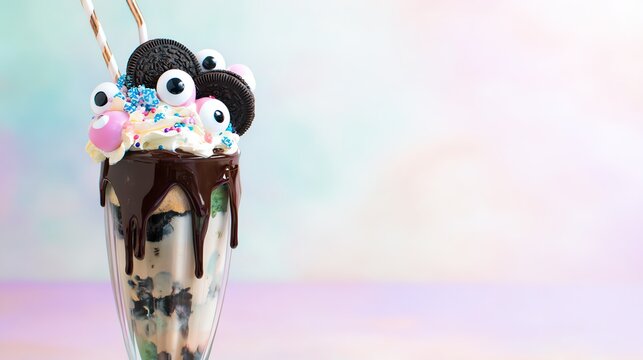 Monster Milkshake Extravaganza with Chocolate Drip, Cookies, and Candy Eyes
