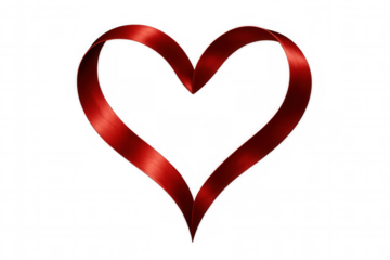 Red ribbon curving into heart-shaped symbol, symbolizing love and romance against clear backdrop