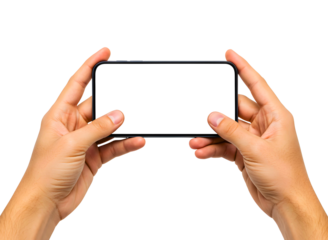 Hands holding a smartphone in landscape mode with a blank screen isolated on transparent background