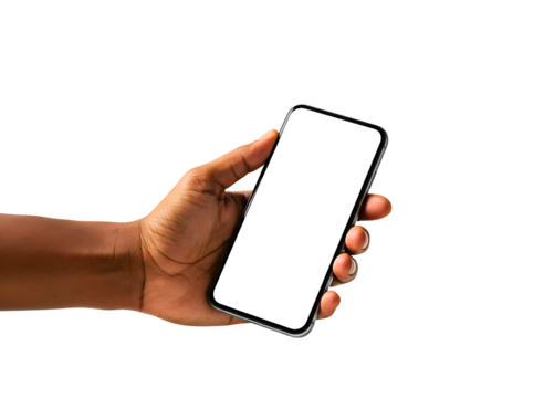 Hand holding a smartphone with a blank screen isolated on transparent background