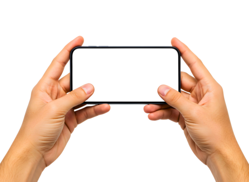 Hands holding a smartphone in landscape mode with a blank screen isolated on transparent background - Powered by Adobe