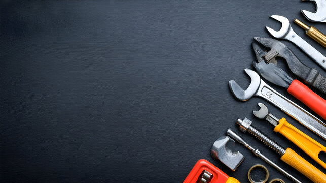 Various wrenches and tools neatly arranged on a dark surface creating a visually appealing layout
