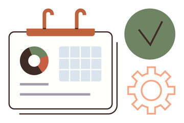 Calendar with a pie chart, grid, checkmark, and gear representing scheduling, data tracking, and task execution. Ideal for organization, analysis, productivity time management goal setting