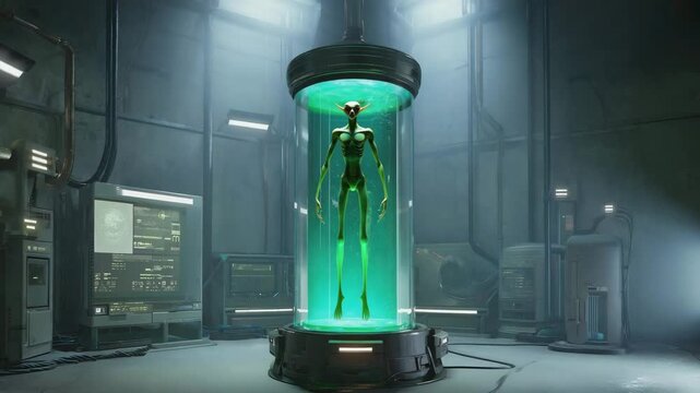 Captured extraterrestrial specimen suspended in a glowing green containment chamber for scientific study and analysis.