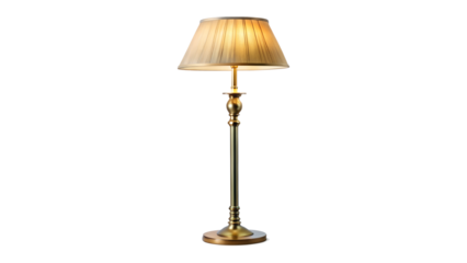 Elegant vintage floor lamp with golden brass stand and fabric shade isolated on transparent background