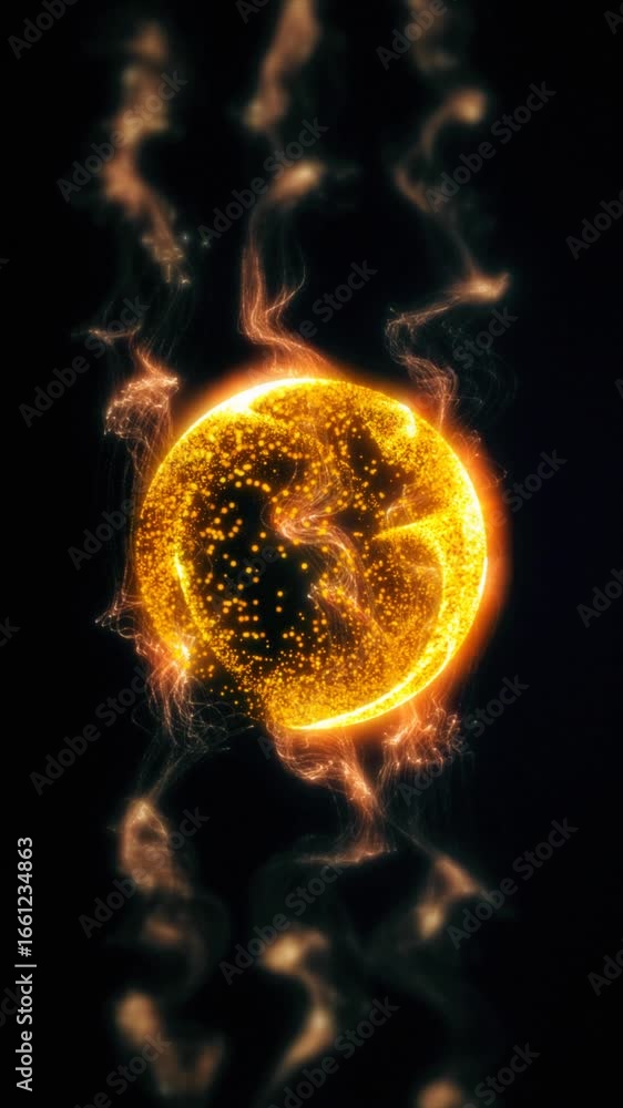 Poster a vibrant animation shows a glowing orange sphere with energetic waves, creating a mesmerizing visua