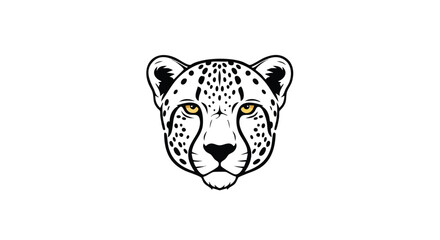 A stylized, symmetrical illustration of a cheetah's head facing forward, rendered in black and white with striking yellow eyes.