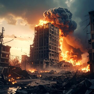 A devastated city ablaze at sunset