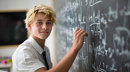 A student in uniform writing math equations on a chalkboard with chalk in a classroom setting indoors