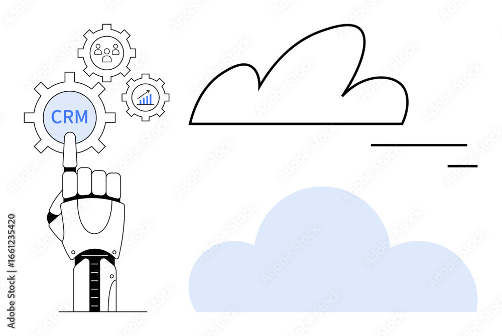 Poster robotic hand pointing at crm gear surrounded by user, graph gears. cloud computing elements visualiz