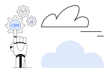 Robotic hand pointing at CRM gear surrounded by user, graph gears. Cloud computing elements visualize futuristic technology. Ideal for automation, AI, CRM, cloud, technology, innovation simple