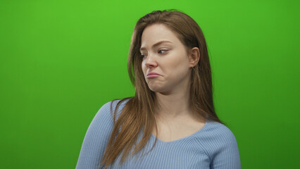 Fototapeta premium Woman wearing blue top scowls with pouty lips and long hair and turns head sideways in green studio; disgust.