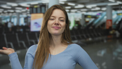 Young woman smiles and holds hand in ok gesture near departure chairs at busy airport terminal;...