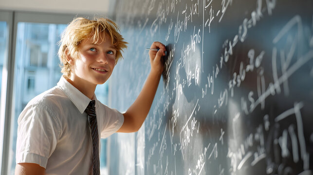 A smiling student writing math equations on a chalkboard in a classroom with a tie and white shirt