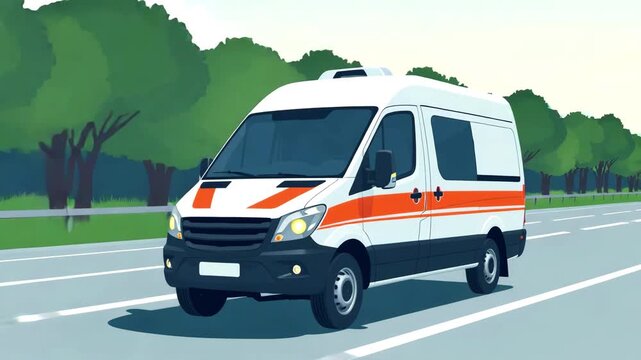Ambulance driving on highway in city street, cartoon vector style. Emergency medical assistance concept