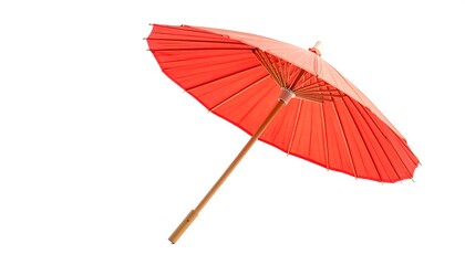 Red paper parasol, angled view, white background