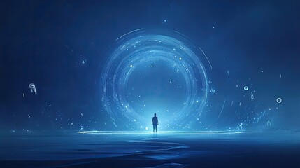 Obraz premium mysterious and elegant scene in deep dark blue tones, symbolizing the merging of imagination, consciousness, and spiritual awakening.