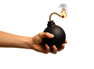 Hand holding a lit black bomb with fuse burning isolated on transparent background