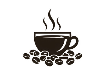 A steaming cup of coffee sits atop a pile of coffee beans.