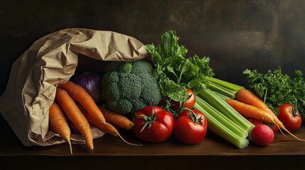 Paper grocery bag, fresh vegetables, tomatoes, broccoli, carrots, celery, colorful produce, healthy ingredients, rustic background,