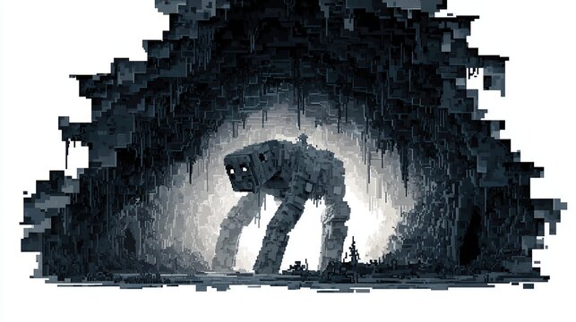 Pixelated, grayscale image of a massive, dark, mechanical figure emerging from a cavernous, textured entrance