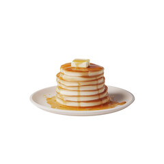 Stack of fluffy pancakes with melting butter and syrup on white plate, ultra photorealistic food image with warm and inviting tones
