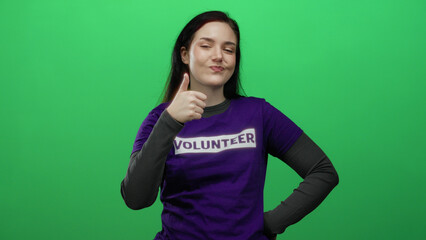 Woman smiling wearing purple volunteer shirt gives thumbs up against green background showcasing...
