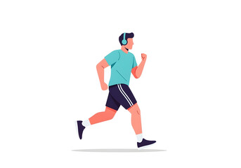 Obraz premium A man wearing headphones is running outdoors, enjoying a workout session.