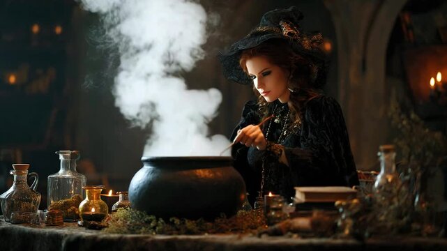 Charming witch in wizard hat standing over big cauldron brewing magic potion in dark room with mysterious atmosphere