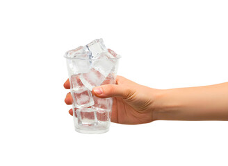 Hand holding a clear glass filled with ice cubes and water isolated on transparent background