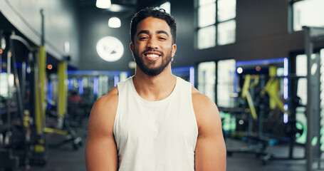 Fitness, man and happy with portrait at gym for bodybuilding membership, health training and about...