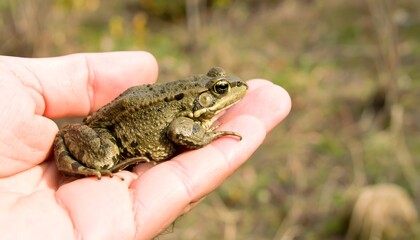 Frog on a hand, outdoors