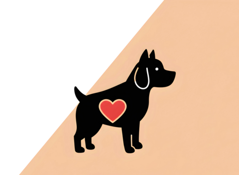 Silhouette of a black dog with a glowing red heart on its chest against a split background of black and peach. transparent background - Powered by Adobe